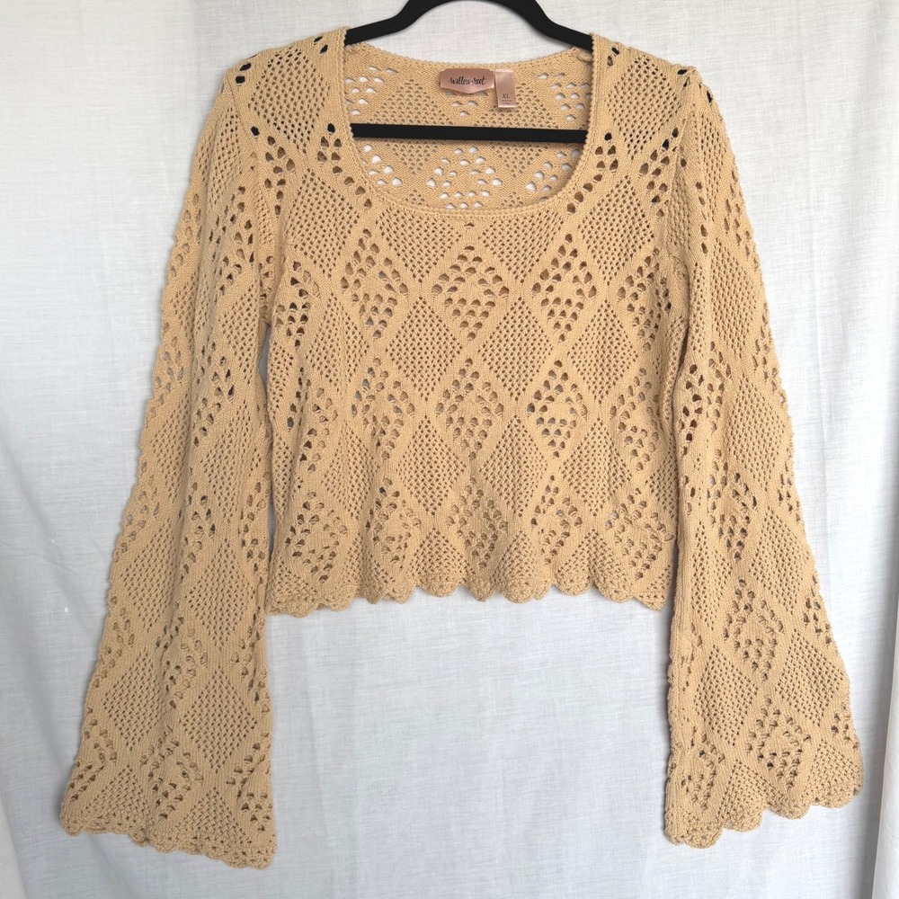 Willow + Root Crochet Sweater Tan Cottagecore Crop Boho Festival Womens XL